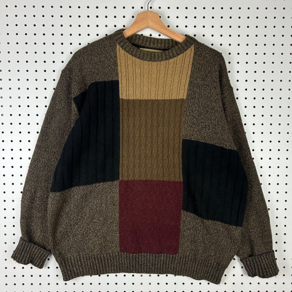 Munsingwear‎ Brown Chunky Knit Sweater Large Grandpa 90s Checkered SOFT Vintage